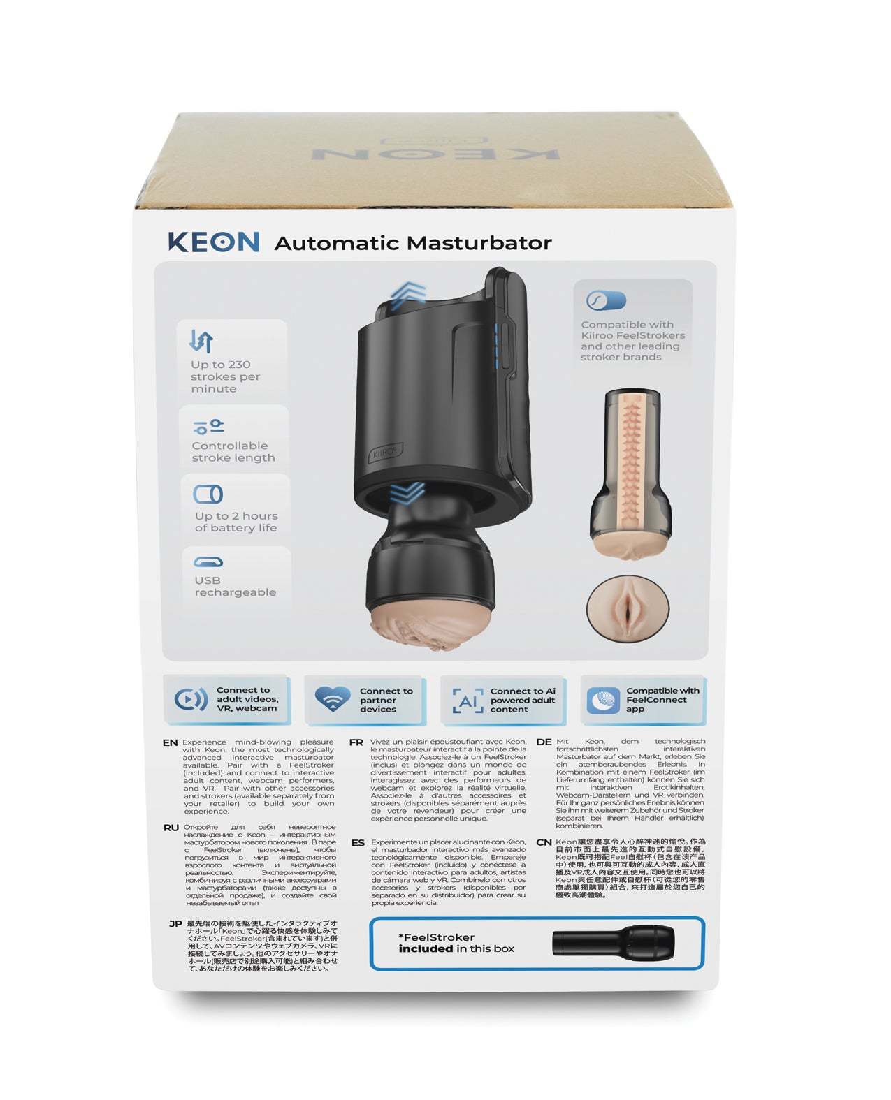 Kiiroo Keon automatic male masturbator with FeelStroker, black, app-enabled, up to 230 strokes per minute, USB rechargeable, 2 hours hands-free pleasure.