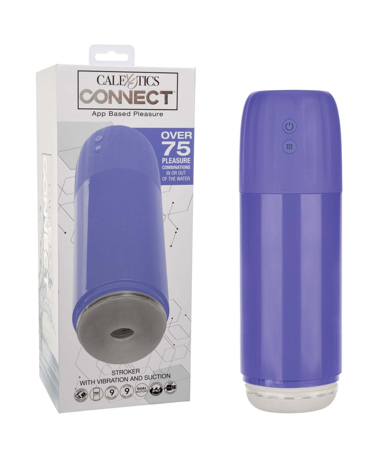Purple Calexotics Connect Stroker with vibration and suction, app-controlled waterproof masturbator with dual motors, 9 vibration and 9 suction functions.