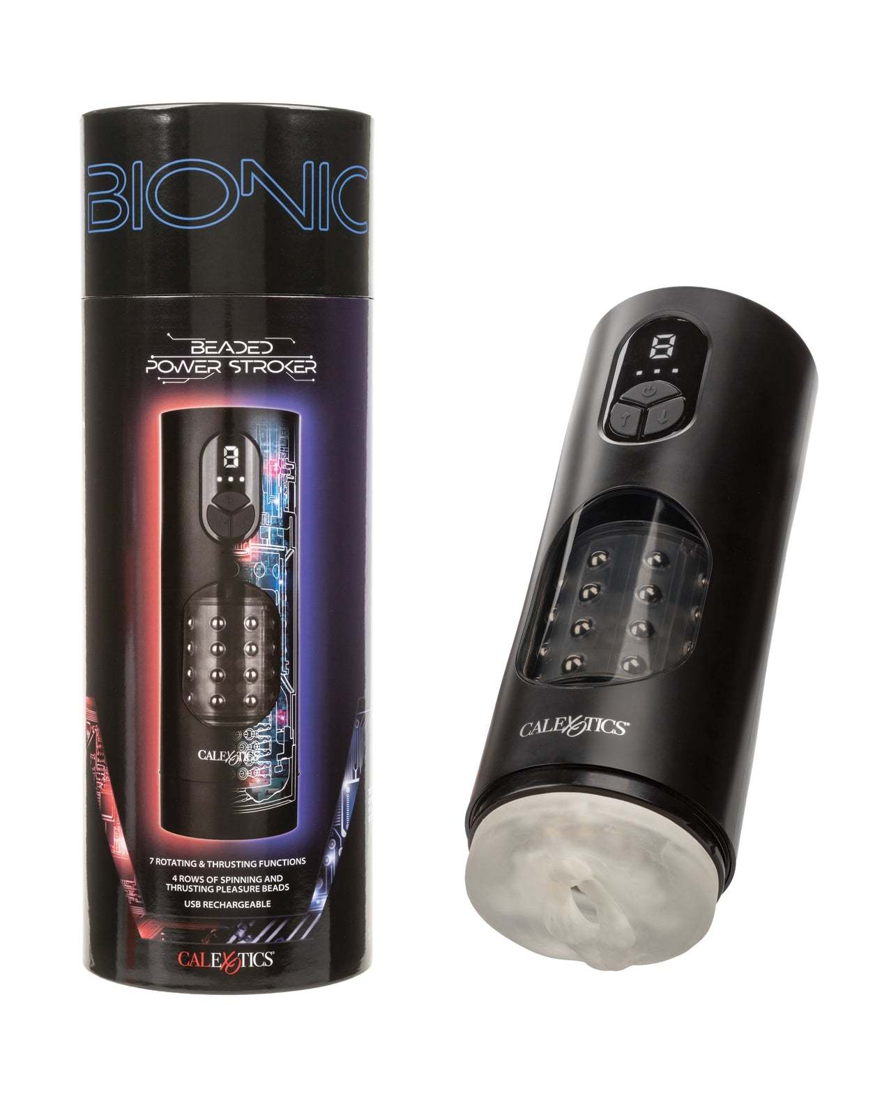 Black Bionic Beaded Power Stroker with rotating bead rows and digital controls next to its packaging box