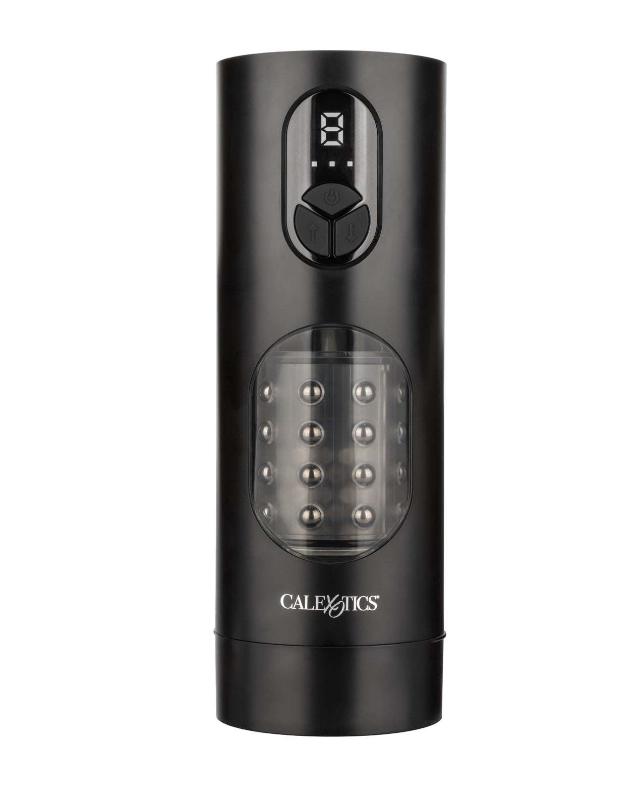Black Bionic Beaded Power Stroker with rotating beads and digital controls for customizable pleasure