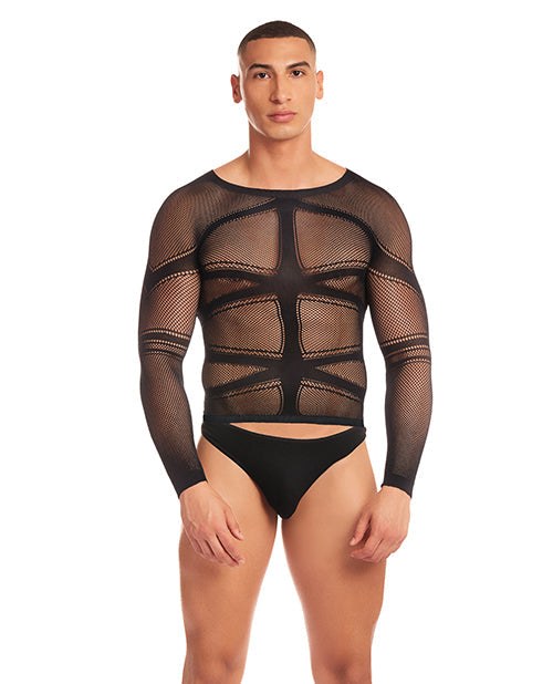 Male model wearing black Cam Boy 2pc Set consisting of a mesh long-sleeve top and matching briefs in Large/XL size.