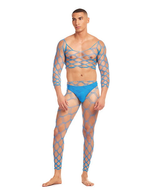 Man wearing Rainbow Party Future Mode 3 pc blue fishnet outfit in size S/M