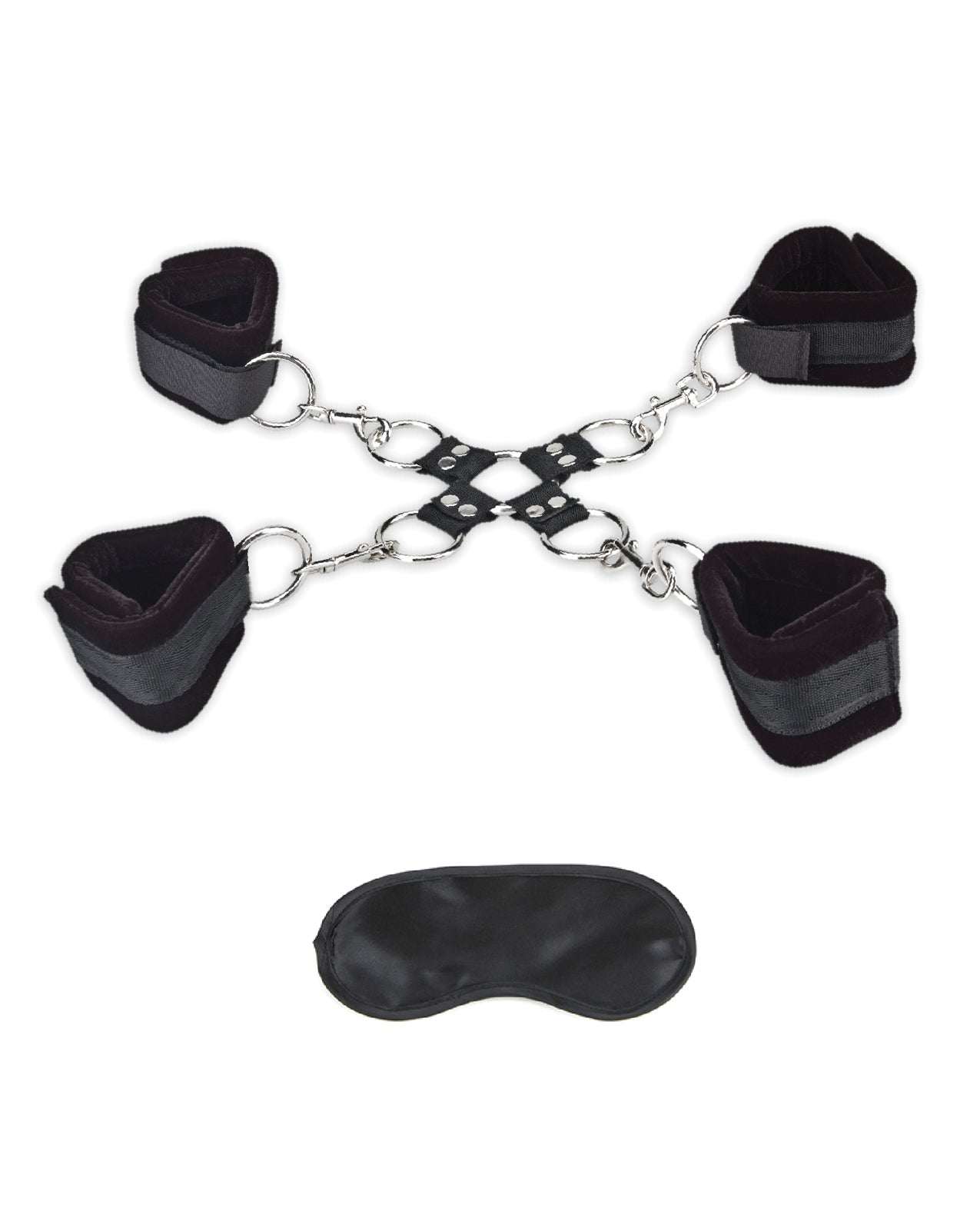 5-Piece Hogtie Set with padded Velcro cuffs and adjustable straps, including a black blindfold for bondage play