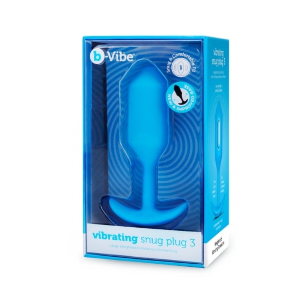 b-Vibe Vibrating Snug Plug 3 rechargeable blue silicone anal plug in packaging