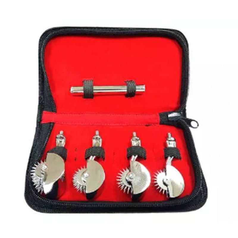 Rouge 4 Pinwheel Set with four stainless steel rotary blades in a black and red zippered case for crafting or culinary use