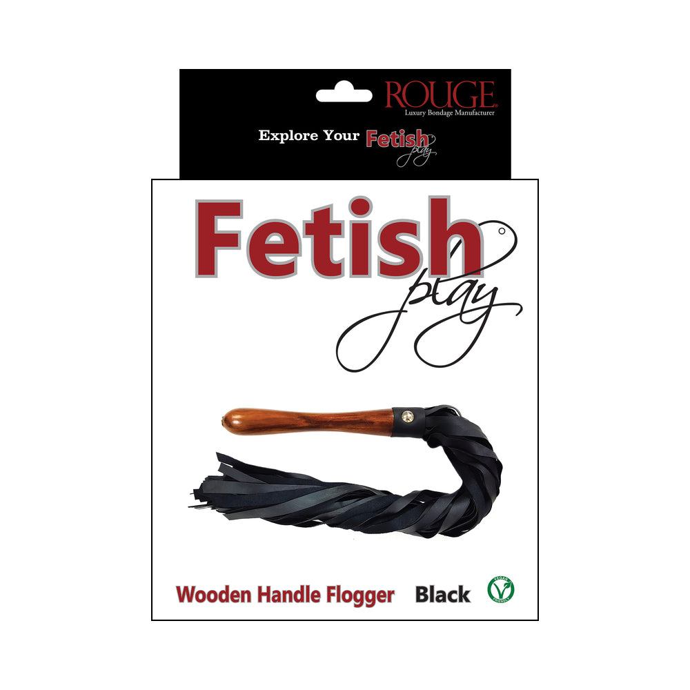 Rouge Fetish Play vegan wooden handle flogger with black tails in packaging