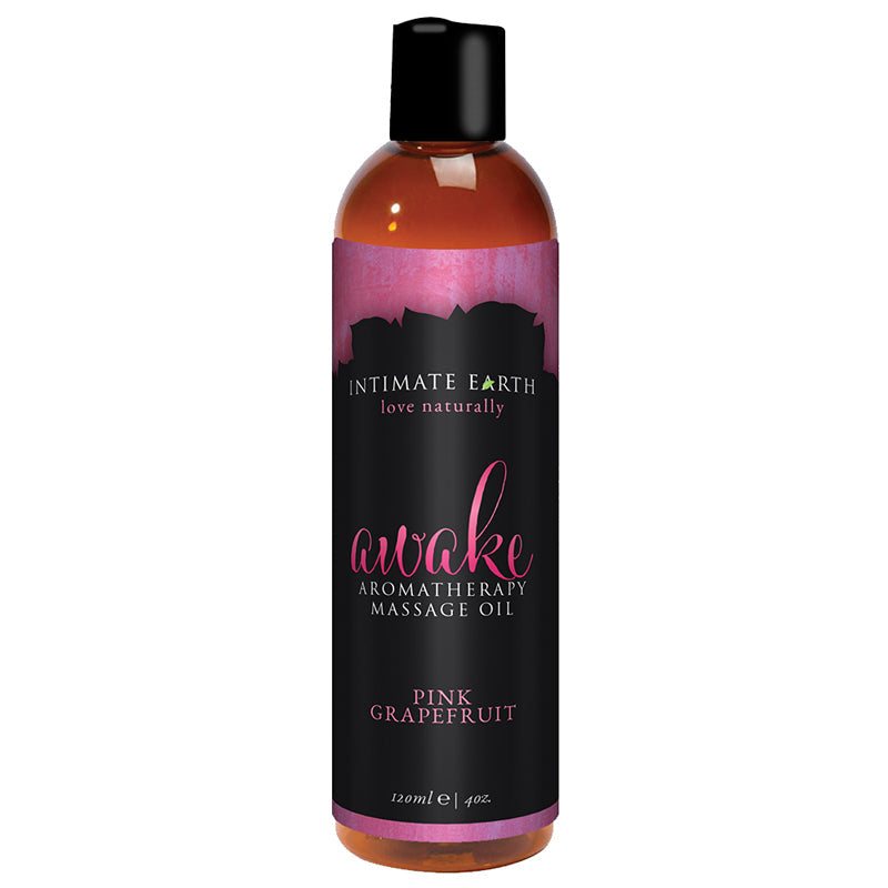 Intimate Earth Awake aromatherapy massage oil with pink grapefruit scent in 120ml bottle