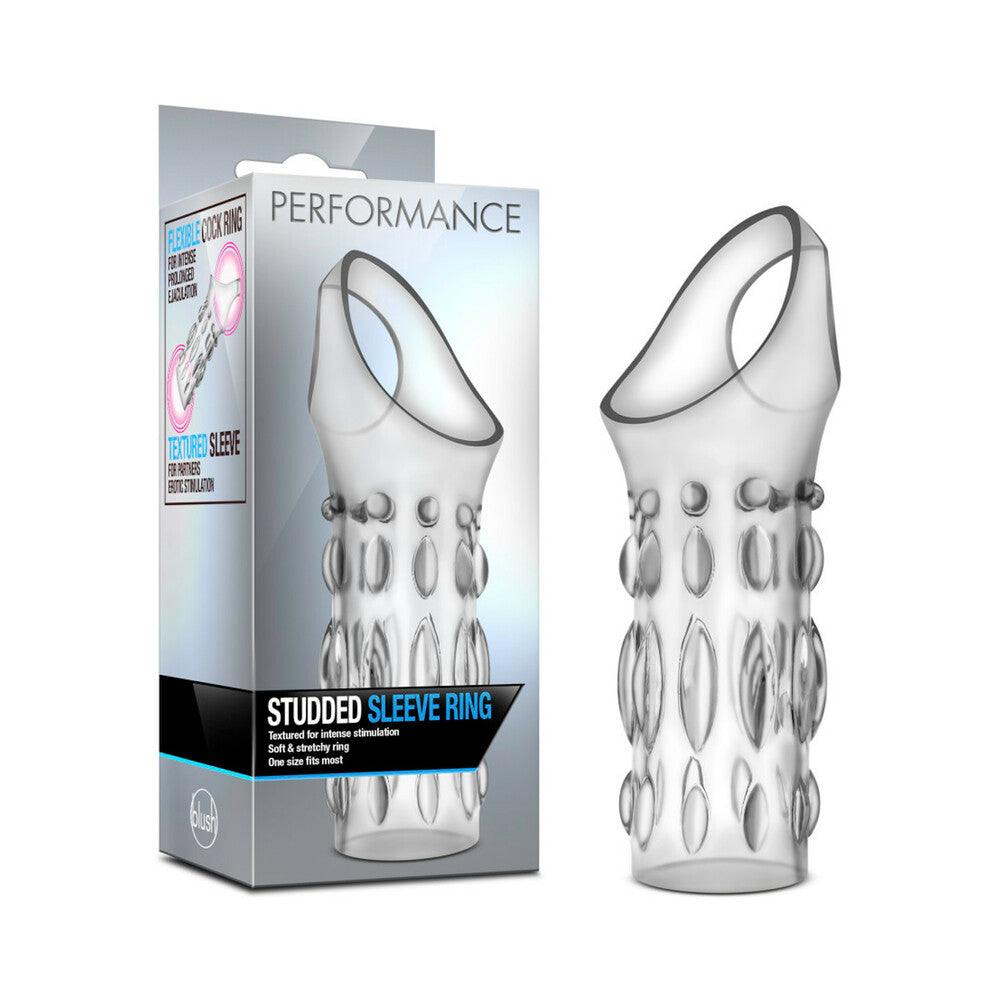 Clear Performance Studded Sleeve Ring with textured bumps and elastic strap for enhanced intimate pleasure