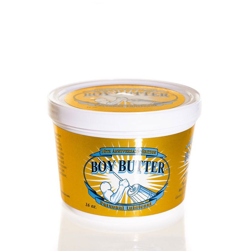 Boy Butter Gold Anniversary Edition 16oz personal lubricant in a yellow container with logo and 10th anniversary label