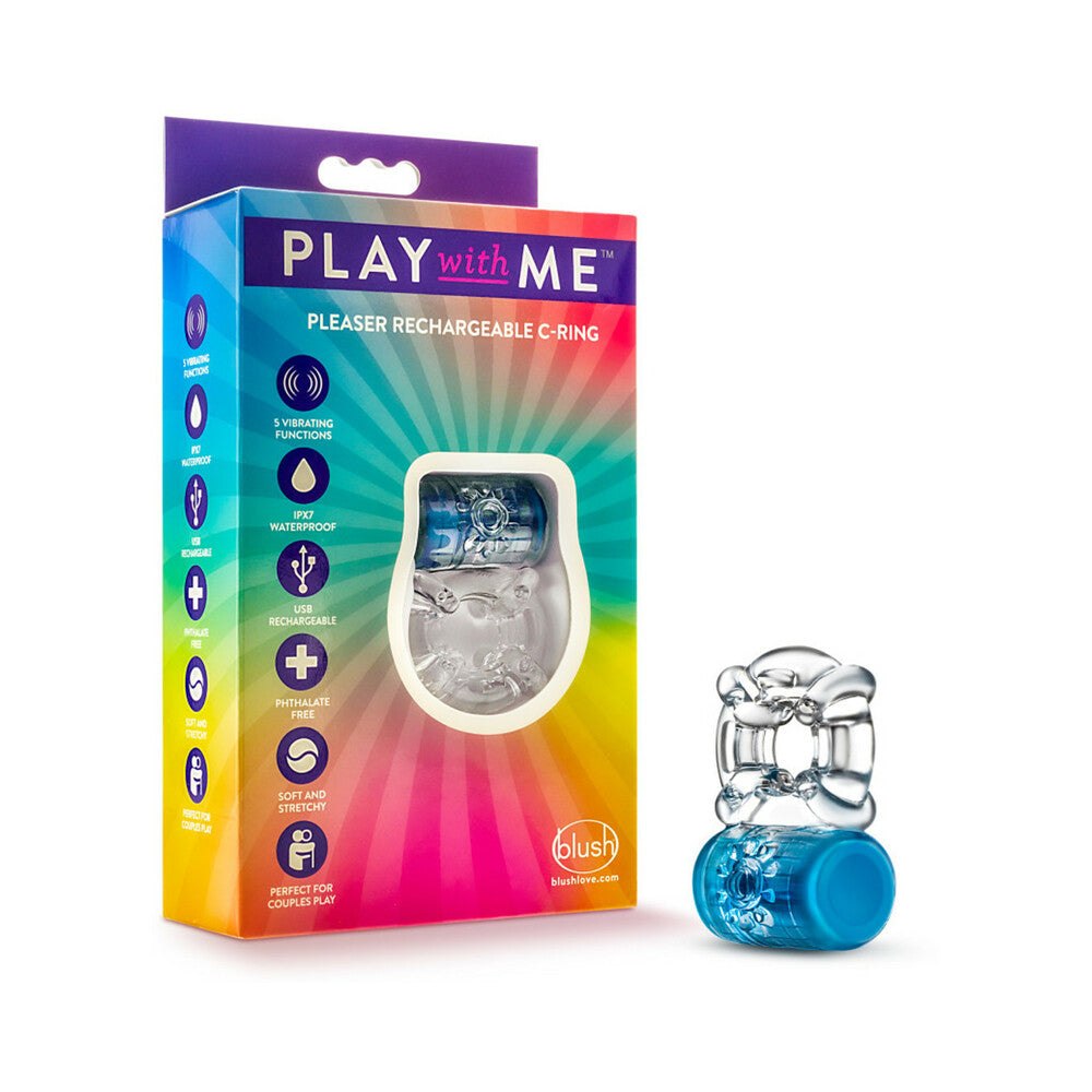 Play with Me Pleaser rechargeable blue vibrating C-ring in colorful packaging for couple's intimate pleasure and stimulation