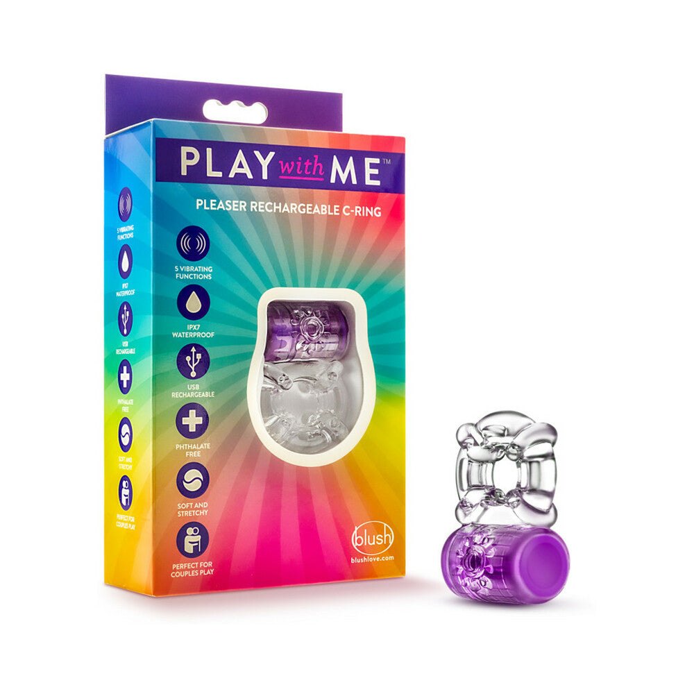 Rechargeable vibrating C-ring in purple with multiple vibration modes, waterproof and made from body-safe silicone for enhanced pleasure.
