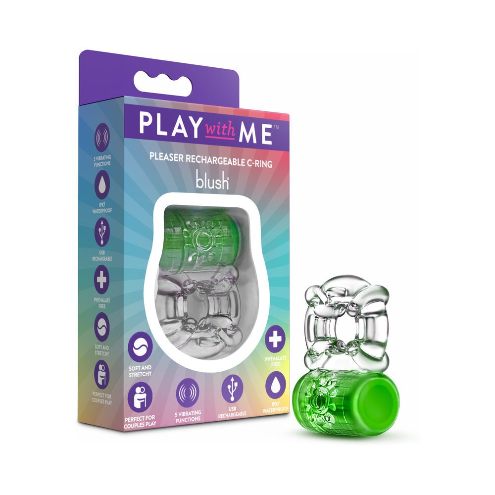 Play With Me Pleaser rechargeable neon green C-ring with multiple vibration modes and USB charging for couples.