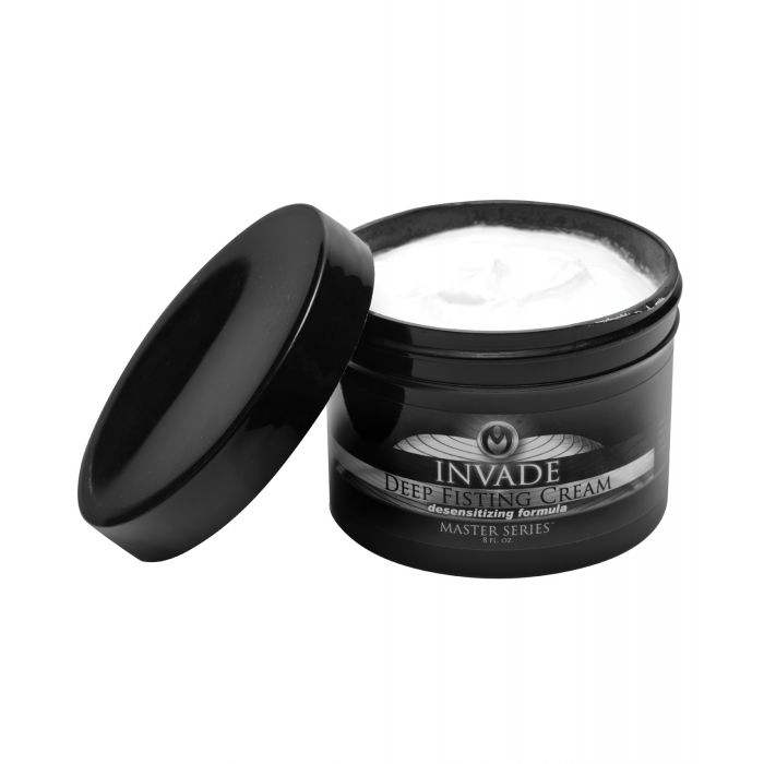 Invade Deep Fisting Cream 8 oz opened black jar with white numbing lubricant for anal play