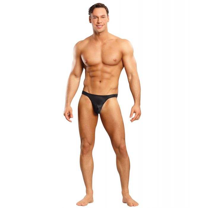 Male model wearing black Bong Thong Satin Lycra underwear showcasing a sleek and comfortable fit.