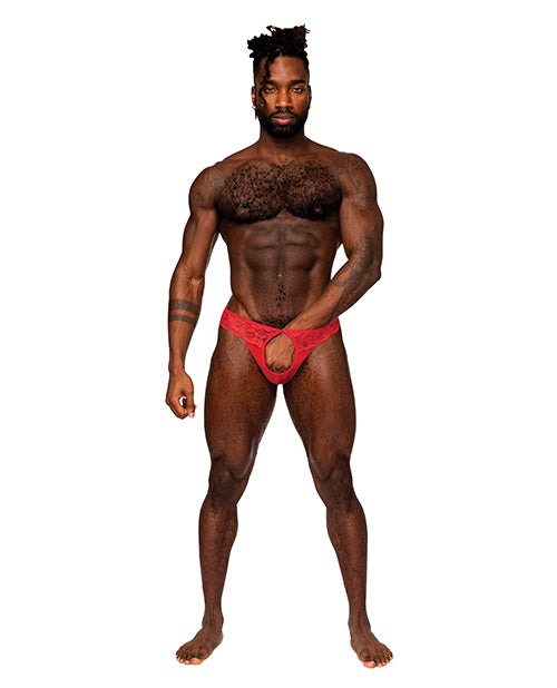 Man wearing red Sassy Lace Open Ring Thong with crotchless design and lace detailing