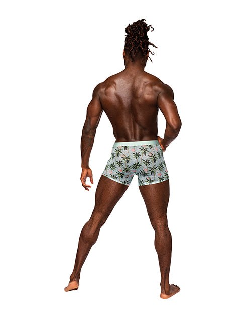 Male model wearing Sheer Prints seamless sheer shorts with palm tree print from the back