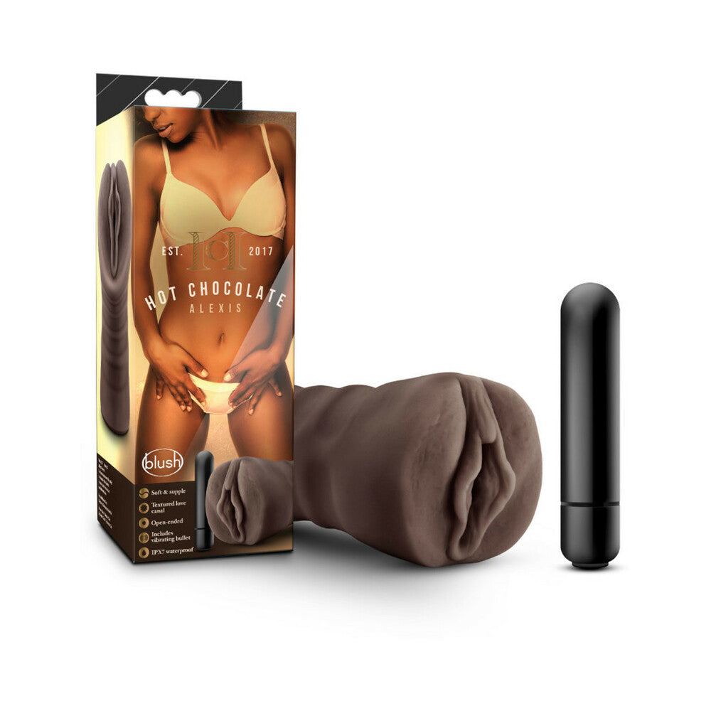 Hot Chocolate Alexis brown vagina-shaped stroker with one-speed bullet vibrator and no-slip grip, made of soft X5 Plus TPE material
