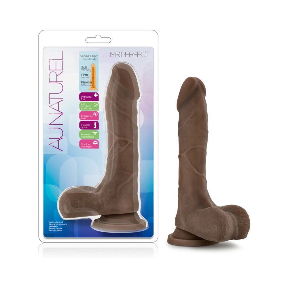 Au Naturel Mister Perfect 8.5 inch posable dual density brown dildo with balls and suction cup base.