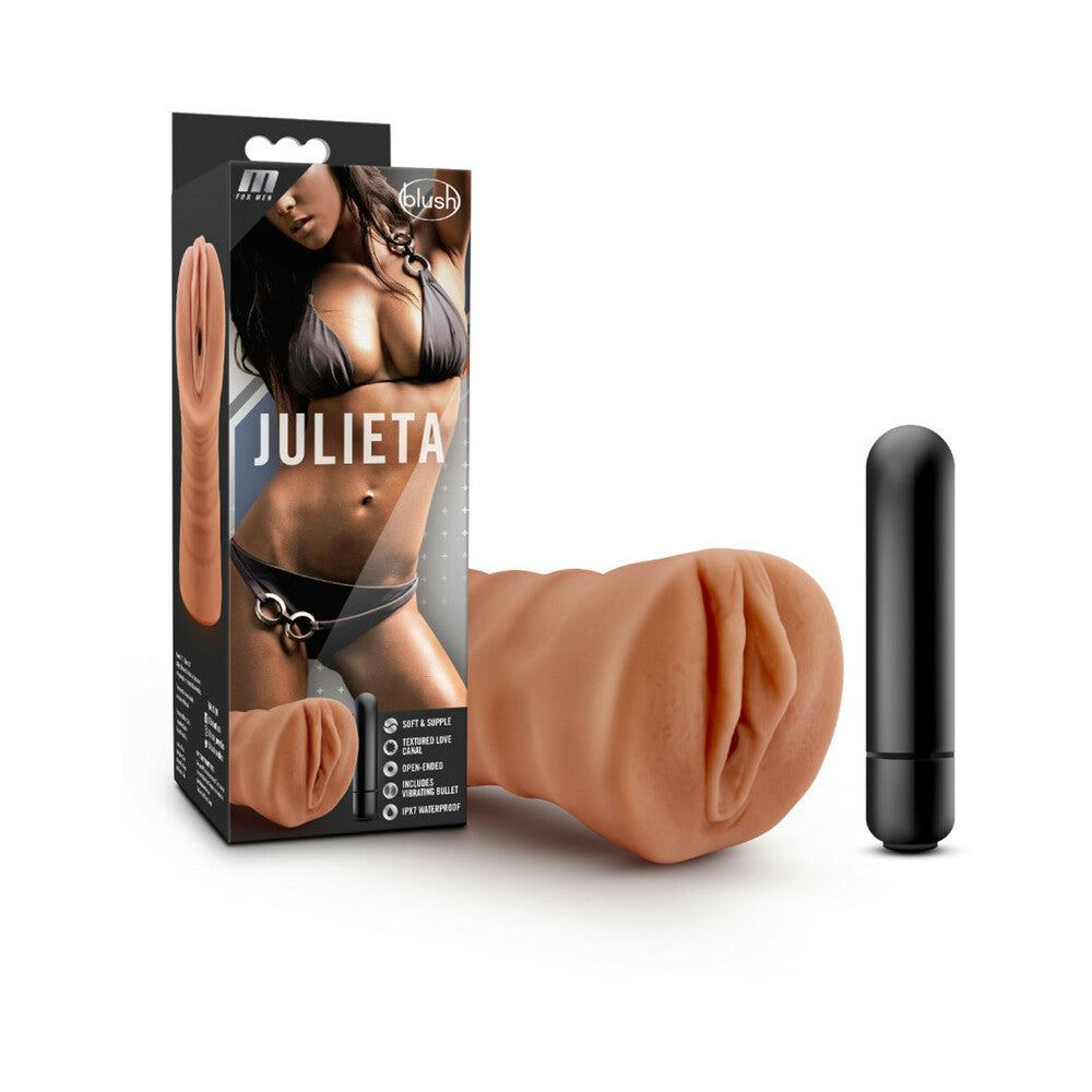 M for Men Julieta realistic vagina stroker with soft tan texture and bullet vibrator featuring open-ended design and premium X5 Plus TPE material