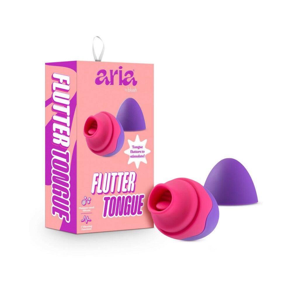 Aria Flutter Tongue rechargeable purple silicone flicking vibrator with 7 modes and hygienic storage cap