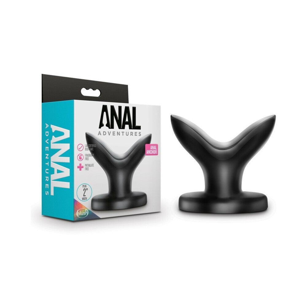 Anal Adventures Anal Anchor expanding black anal plug with flexible tips and firm base displayed with packaging