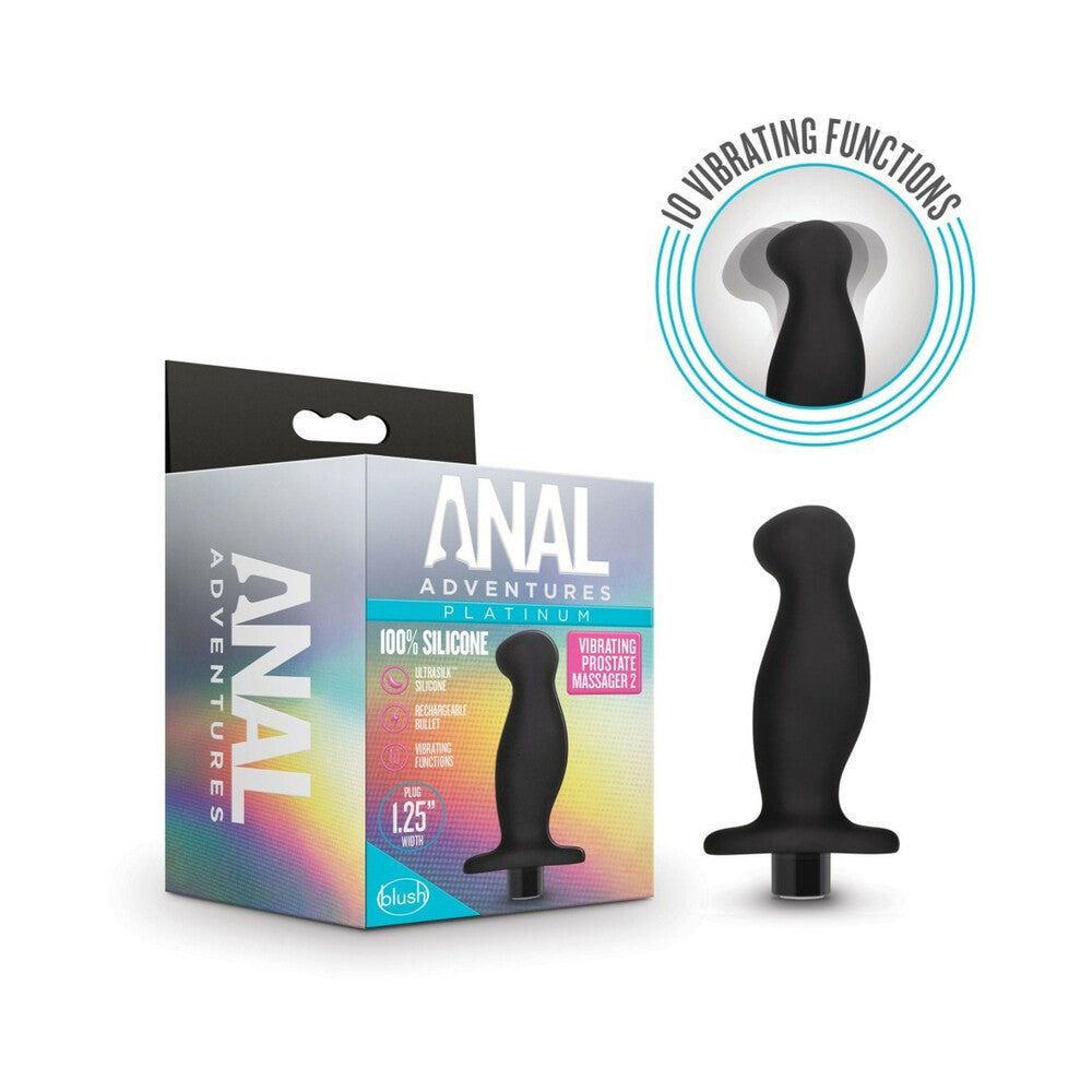 Anal Adventures Platinum Silicone rechargeable vibrating prostate massager with 10 functions and a sleek black design