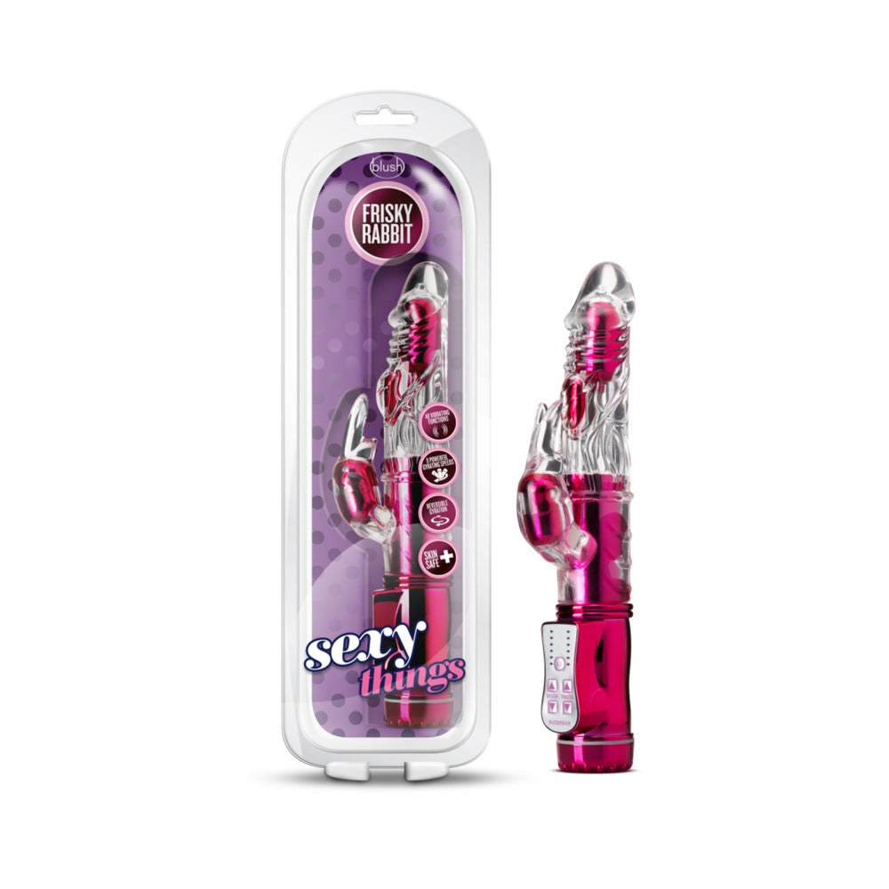 Pink Sexy Things Frisky Rabbit dual stimulation vibrator with gyration and vibration features in packaging and out of package