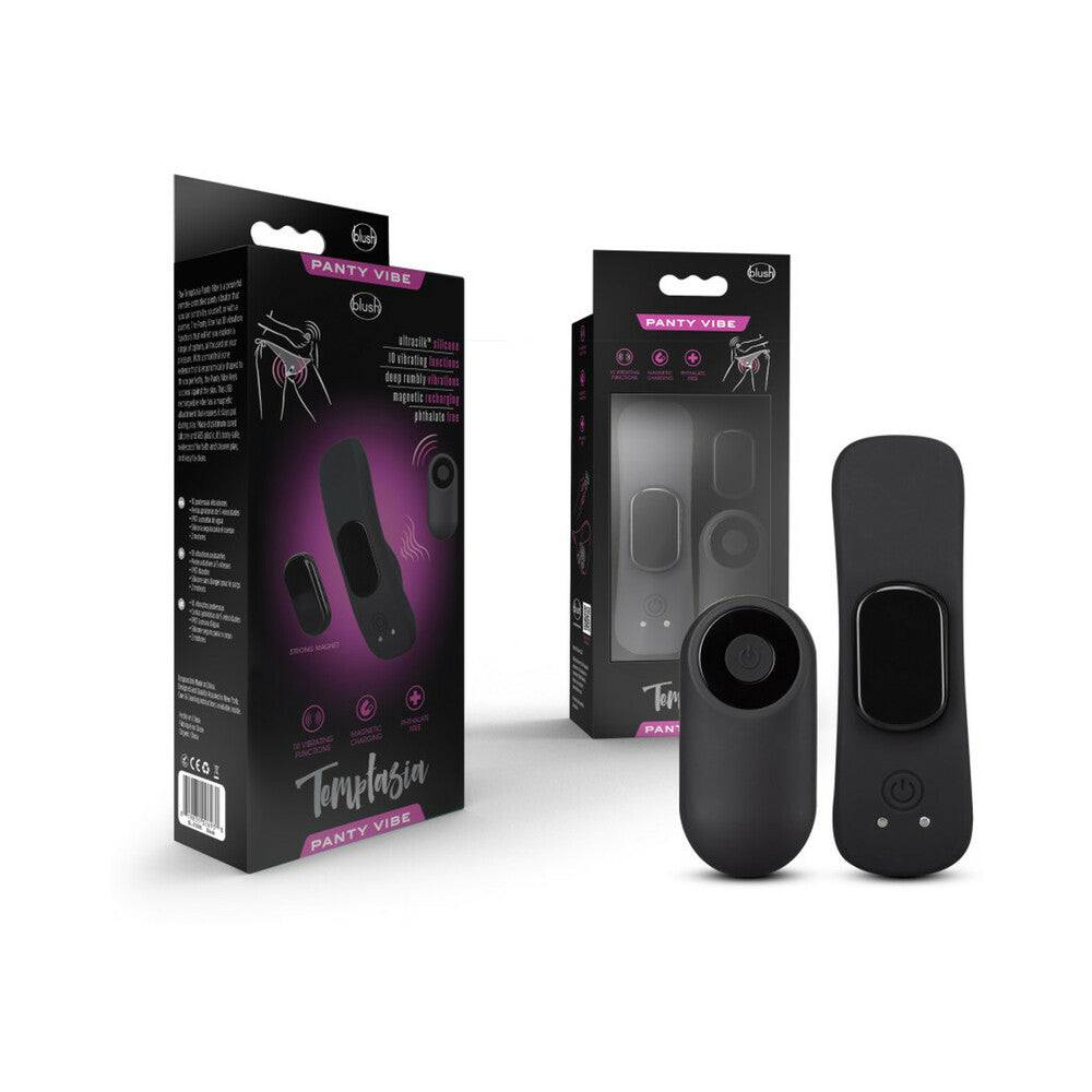 Temptasia Panty Vibe rechargeable black silicone wearable vibrator with remote control and packaging