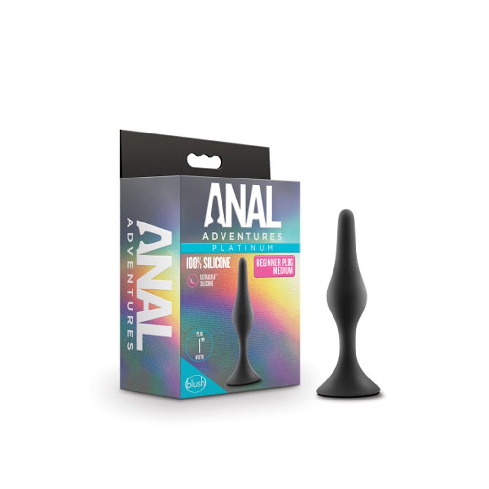 Anal Adventures Platinum Silicone medium black beginner anal plug with firm base and smooth texture.