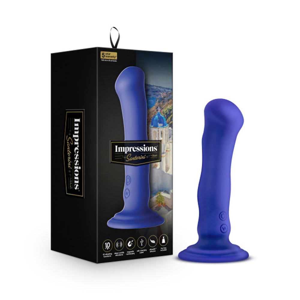 Impressions Santorini 6.5 inch rechargeable blue silicone vibrating dildo with curved design and suction base