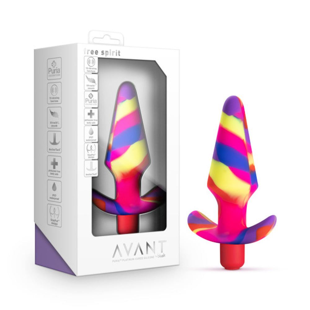 Avant Free Spirit vibrant multicolor silicone vibrating anal plug with tapered head and ergonomic base, in retail packaging