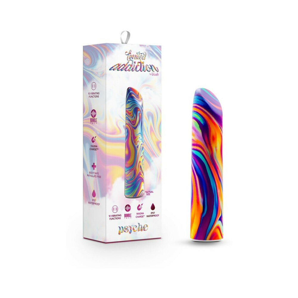 Limited Addiction Psyche Power Vibe rechargeable bullet vibrator with vibrant rainbow swirl design and smooth satin finish.
