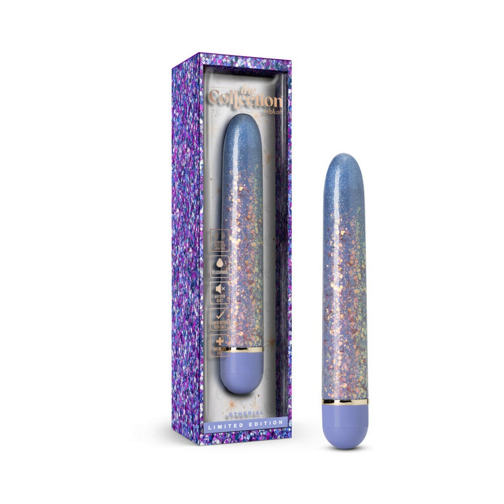 The Collection Etherial Slimline Vibrator in periwinkle with multispeed vibrations and splashproof design for relaxation and massage.