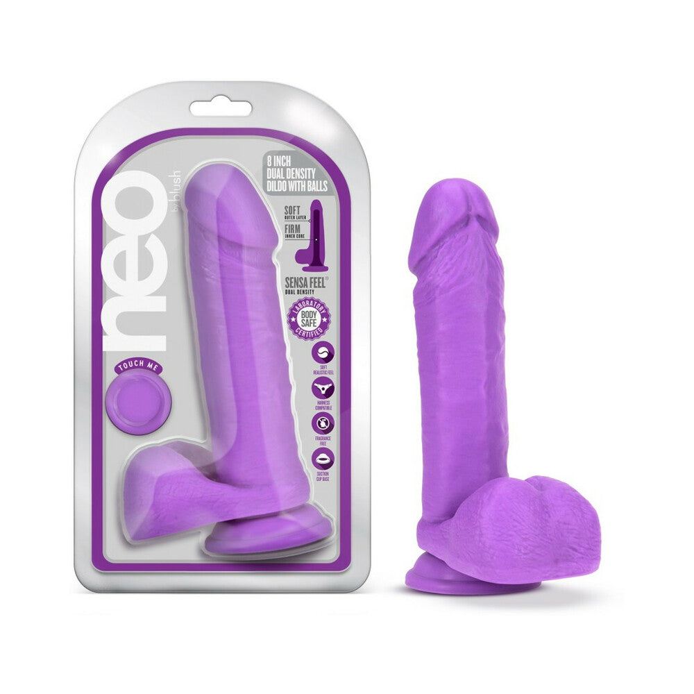 Neo 8 in. dual density dildo with balls in neon purple with suction cup base