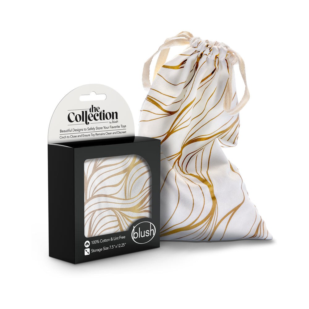 The Collection Embrace Cotton Toy Bag white with gold swirl design, 100% cotton, drawstring closure, 7.5 x 12.25 inches, machine washable storage bag.