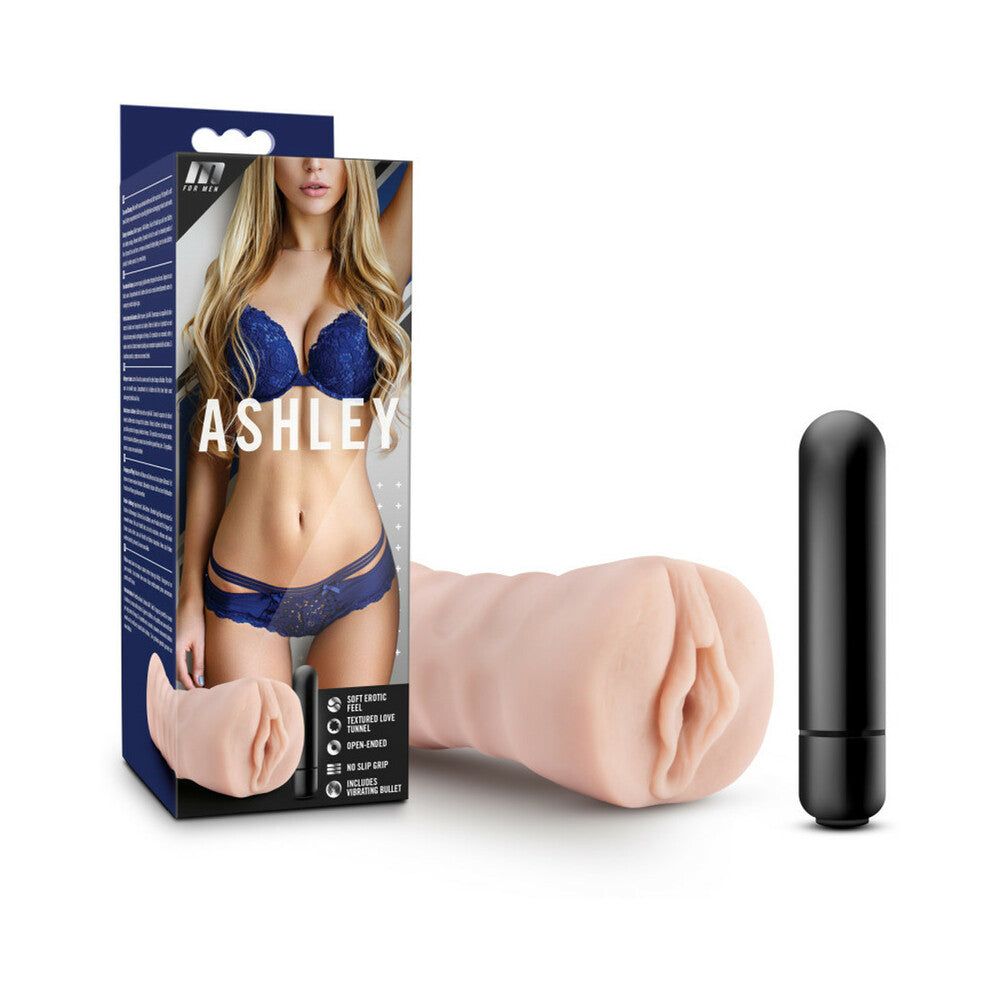 M for Men Ashley Vagina Stroker beige with single-speed bullet vibrator and no-slip grip in packaging