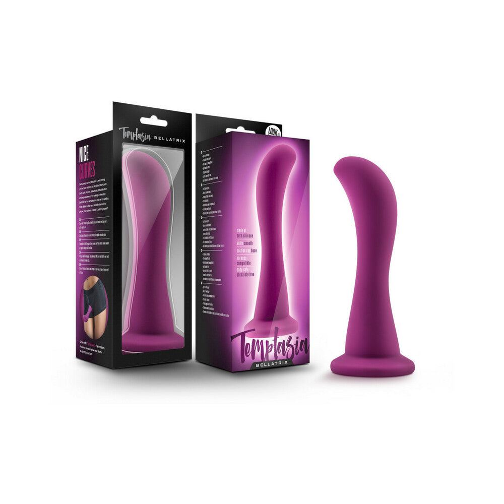 Temptasia Bellatrix 6.25 inch curved plum dildo with suction cup base for G spot stimulation made of body-safe platinum cured silicone