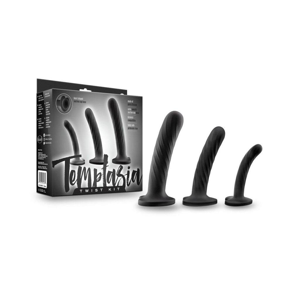 Temptasia Twist Kit 3-piece black silicone dildo set with twisted swirl design and suction cup bases for versatile pleasure