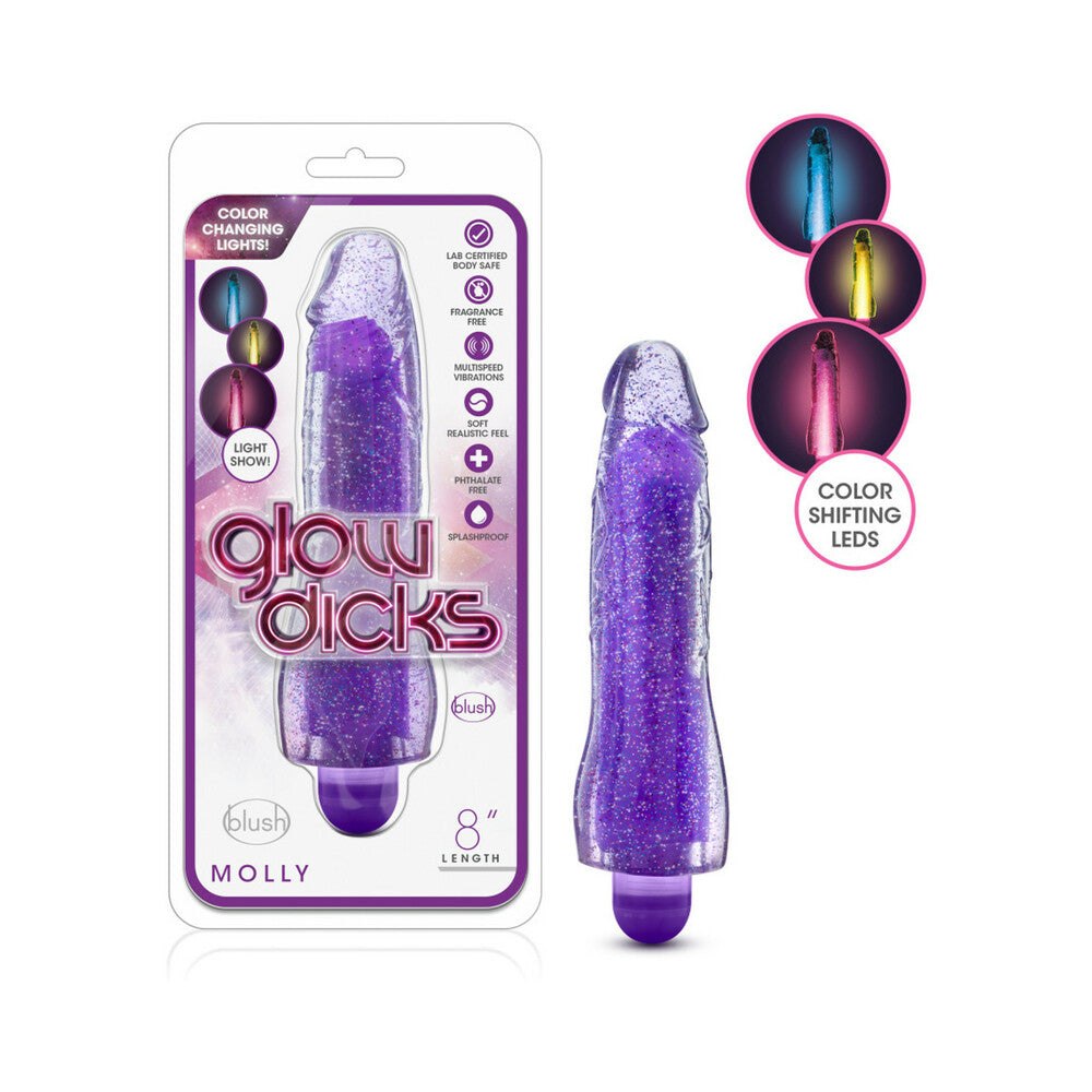 Glow Dicks Molly 8-inch glitter purple vibrating dildo with color-changing LED lights and multi-speed vibrations.