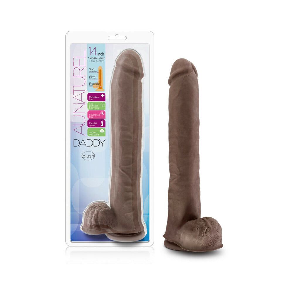 Au Naturel Daddy 14-inch posable dual density dildo with balls in brown, realistic texture and suction cup base.