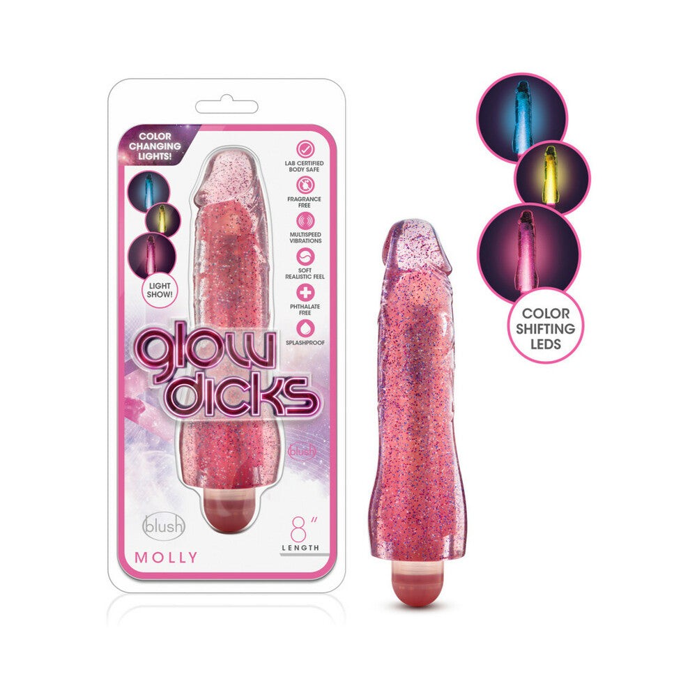 Glow Dicks Molly 8-inch glitter pink vibrating dildo with color-changing LED lights and multispeed vibration