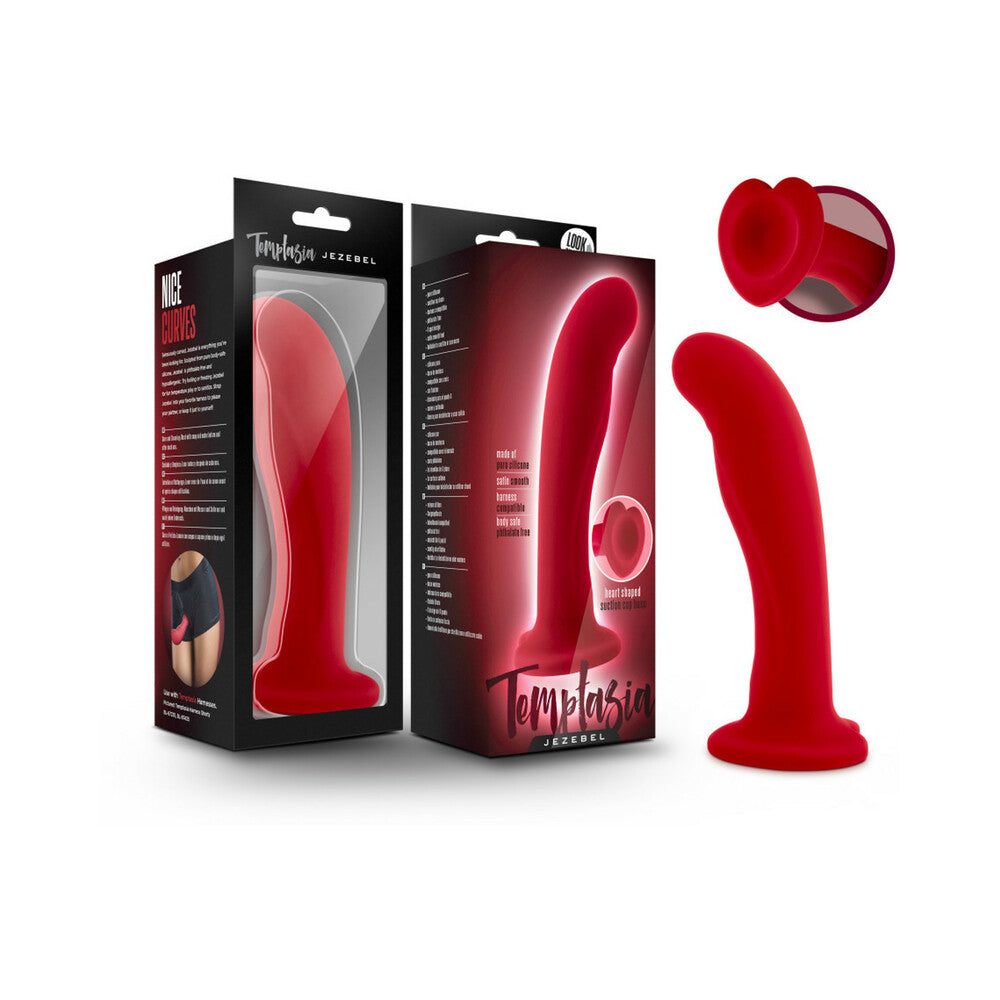 Temptasia Jezebel 6 inch curved crimson silicone dildo with heart-shaped suction cup and smooth finish