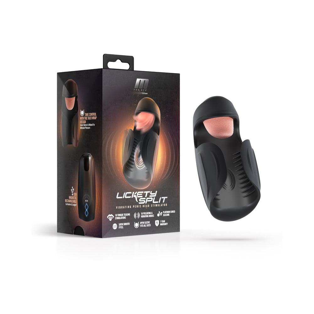 Black vibrating penis stimulator with tongue-like textured tip and flexible wrap, shown with packaging for Lickety Split Black by M For Men