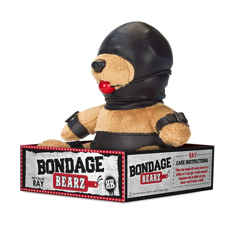 Bondage Bearz Gary Gag Ball plush teddy bear in black faux leather bondage outfit with red ball gag in branded box