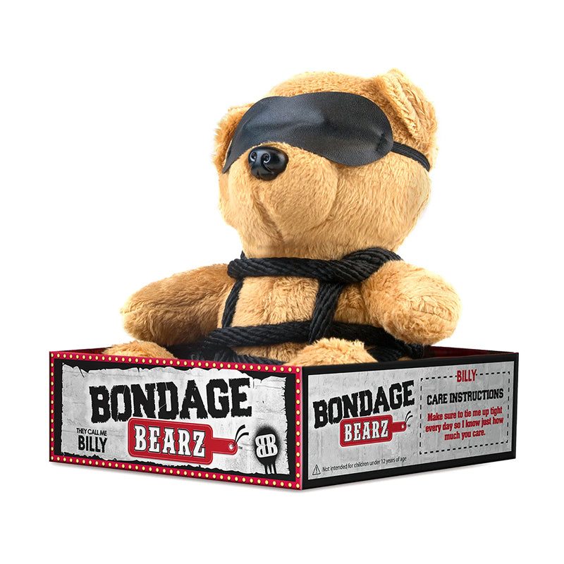 Bondage Bearz Bound Up Billy plush teddy bear with Shibari-style rope binding and faux leather eye mask in branded box