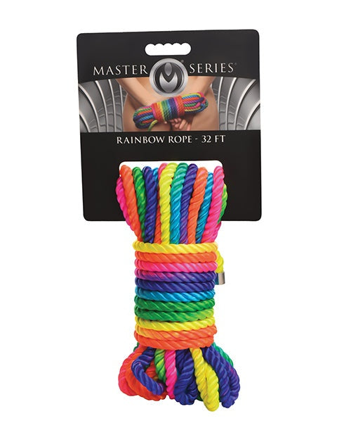 Master Series Rainbow Rope 32ft colorful twisted nylon bondage rope with metal-capped ends in packaging