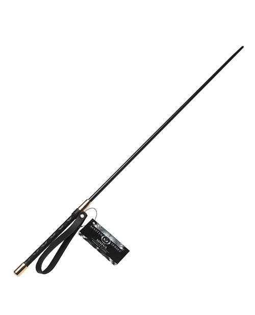 Master Series Sinful Impact Cane in black with gold accents, flexible plastic rod, ergonomic vegan leather handle with wrist strap, designed for precision impact play.