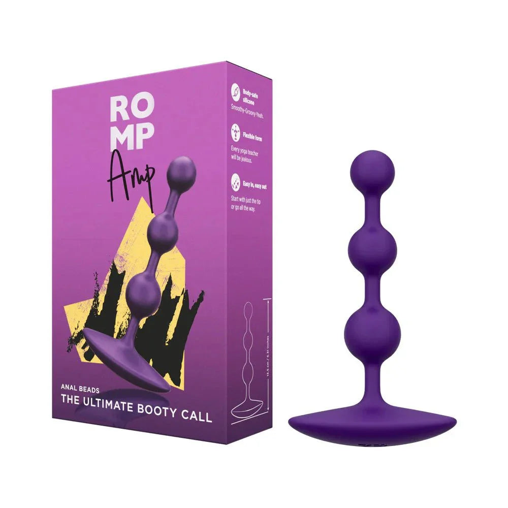 ROMP Amp Silicone Anal Plug in dark purple with three graduated beads and ergonomic base, displayed with purple packaging.