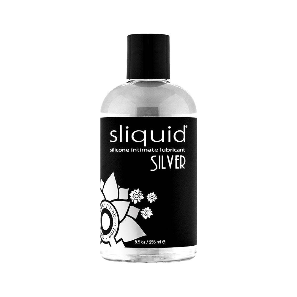 Sliquid Silver Silicone Lubricant 8.5 oz bottle with black label, pharmaceutical grade, long-lasting and waterproof intimate lubricant.