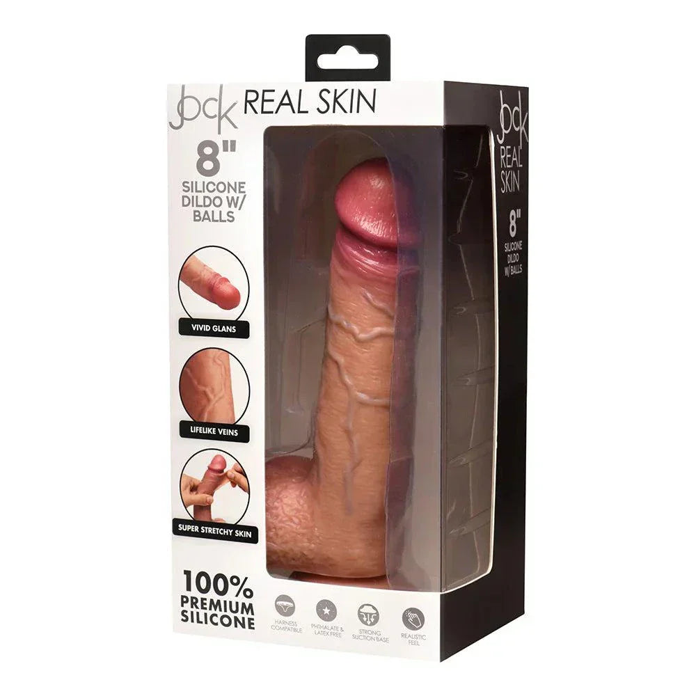 JOCK Real Skin 8 inch medium silicone dildo with balls, lifelike texture, suction cup base, and realistic veins